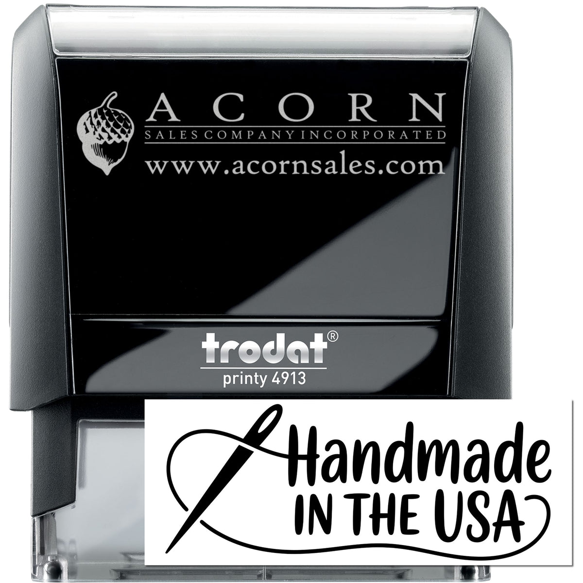 Trodat Printy custom self-inking rubber stamp with Acorn Sales logo and Handmade in the USA design
