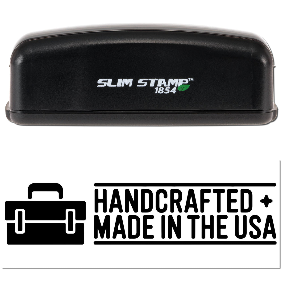 Slim Stamp 1854 rubber stamp with handcrafted made in the USA logo for product branding.