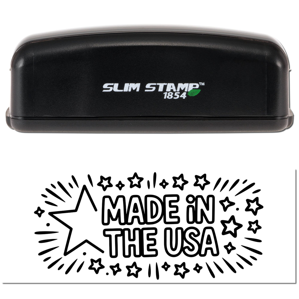 Slim Stamp 1854 self-inking rubber stamp printing a Made in the USA design for product packaging and branding.