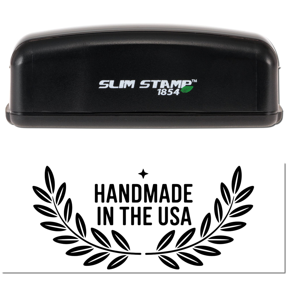 Slim Stamp 1854 self-inking rubber stamp with Handmade in the USA laurel design for packaging and crafts