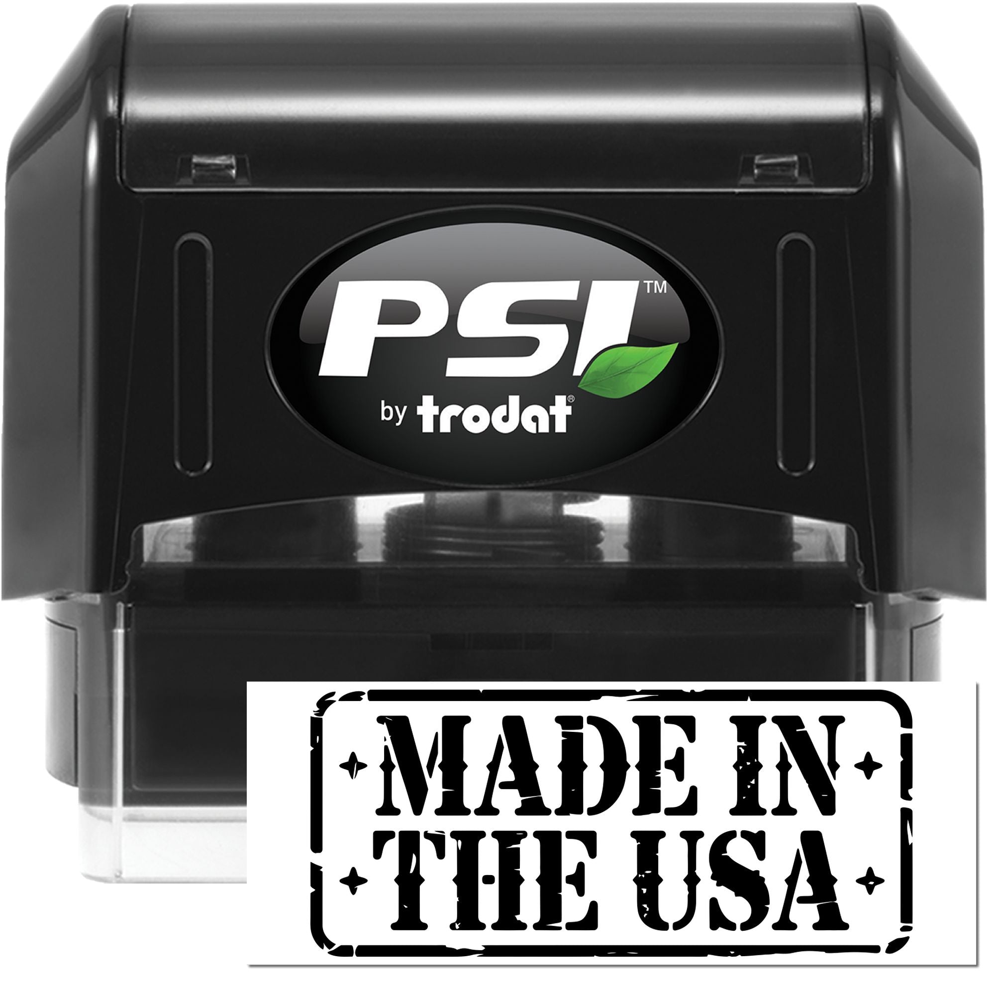 PSI by Trodat self-inking rubber stamp with Made in the USA imprint for custom business branding and product marking.