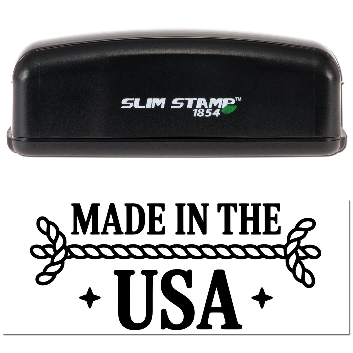 Slim Stamp 1854 self-inking rubber stamp with Made in the USA design for product packaging and branding.