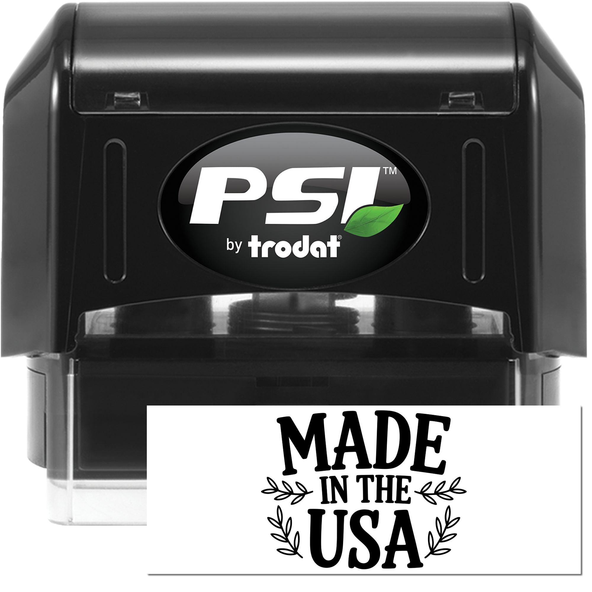 PSI by Trodat self-inking rubber stamp with Made in the USA design for custom business branding and packaging.