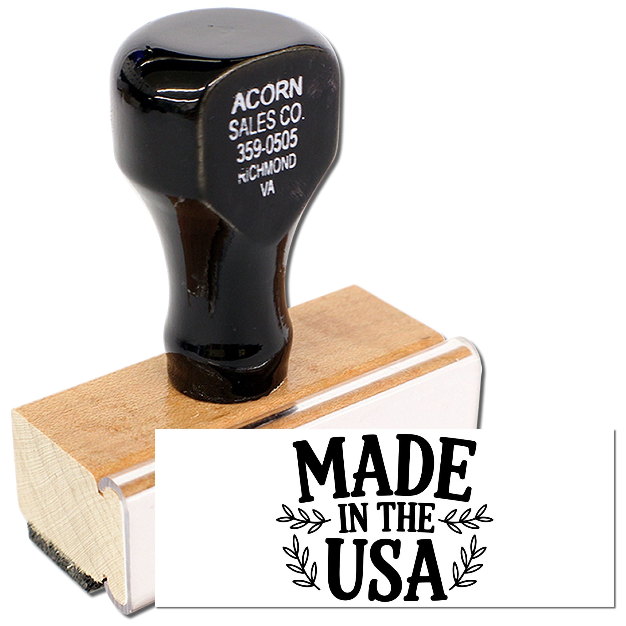 Made in the USA rubber stamp with wooden handle, custom business branding stamp for handmade products and packaging.