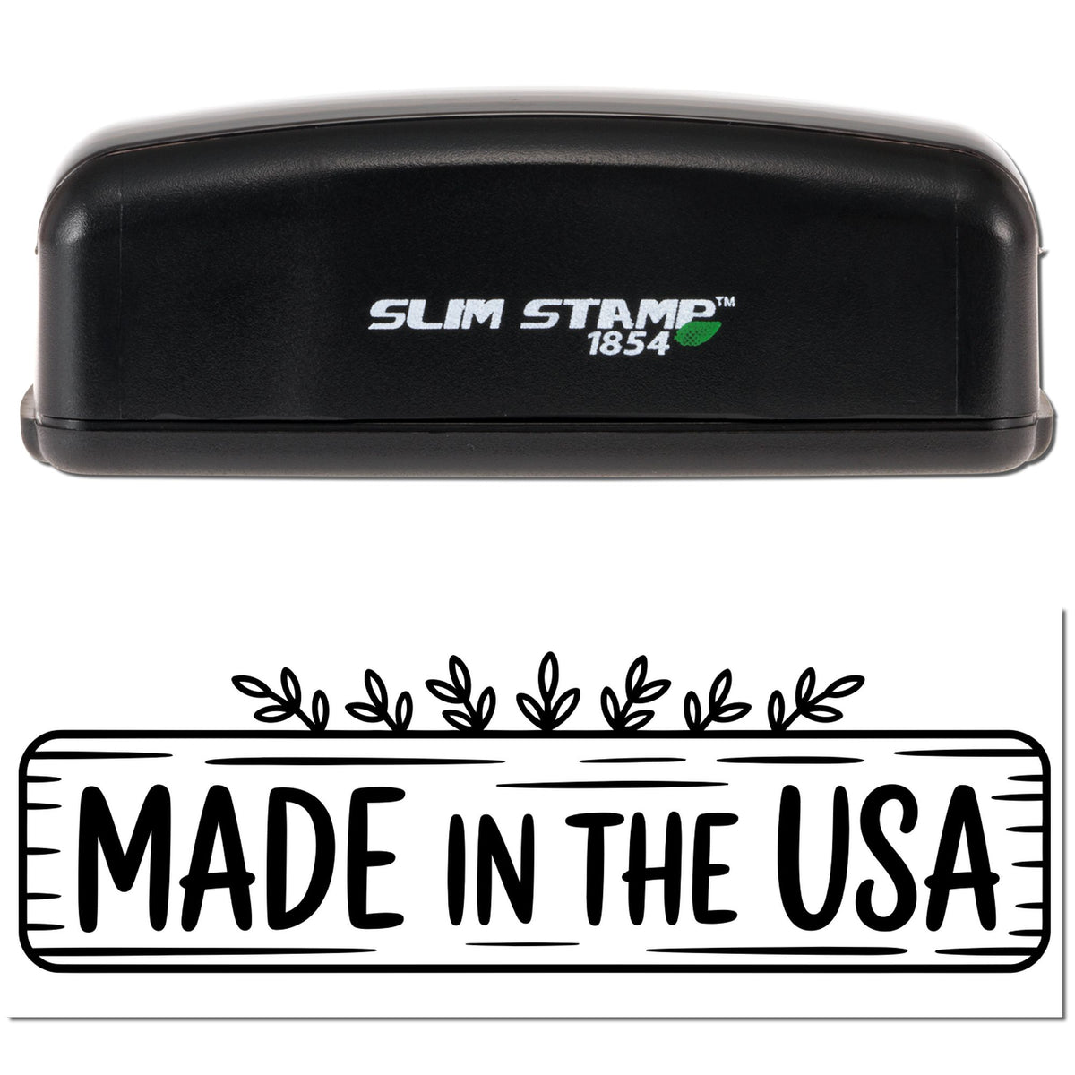 Slim Stamp 1854 self-inking rubber stamp with Made in the USA design for branding packaging.