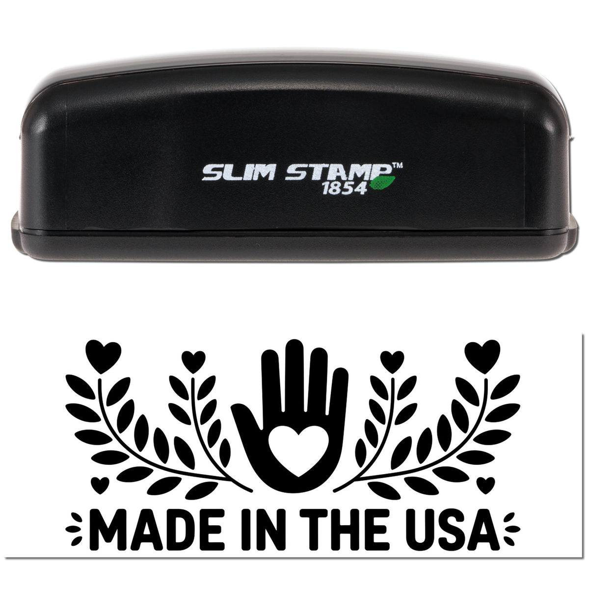Slim Stamp 1854 self-inking rubber stamp with Made in the USA heart-hand floral design.