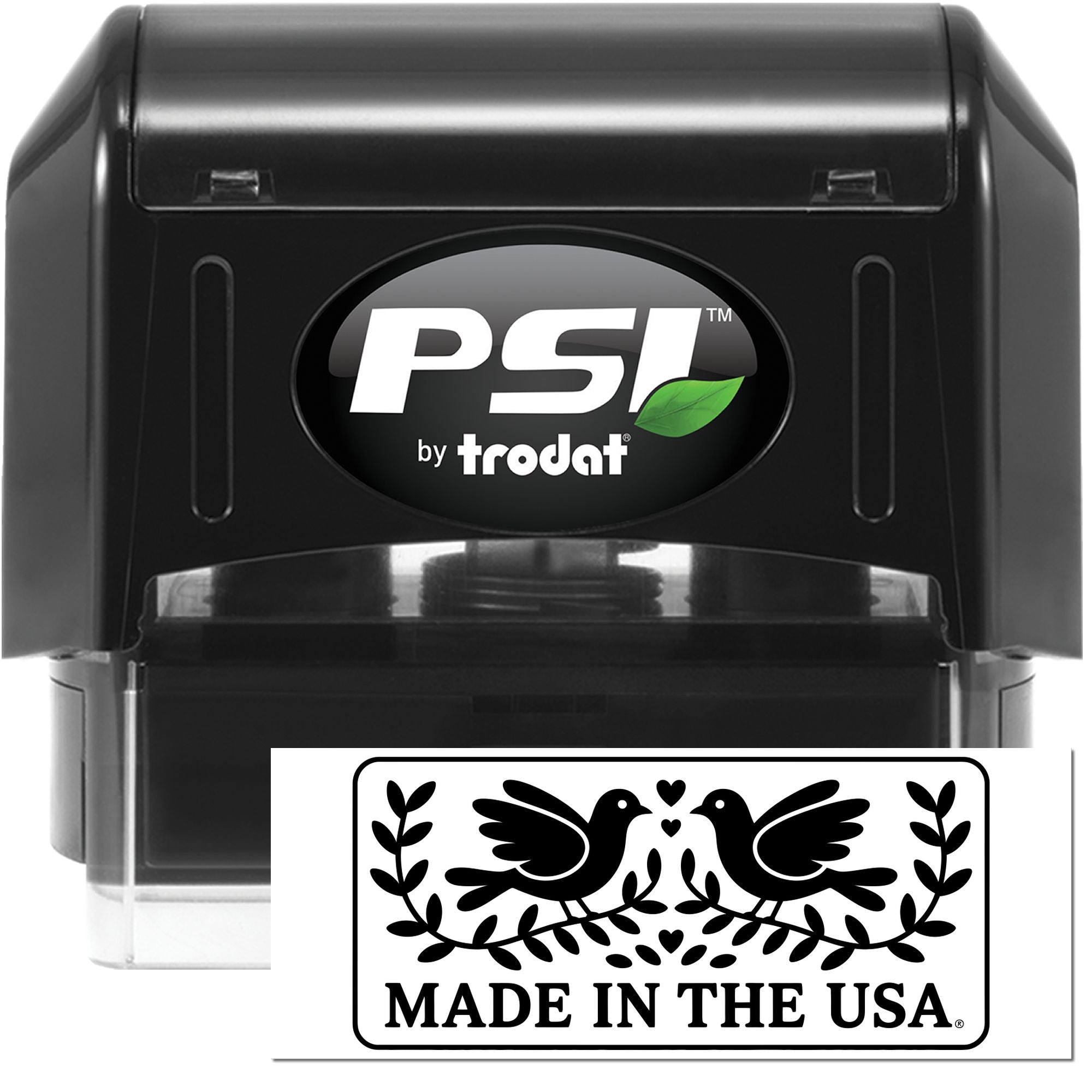PSI by Trodat self-inking rubber stamp with Made in the USA bird design for product branding and packaging
