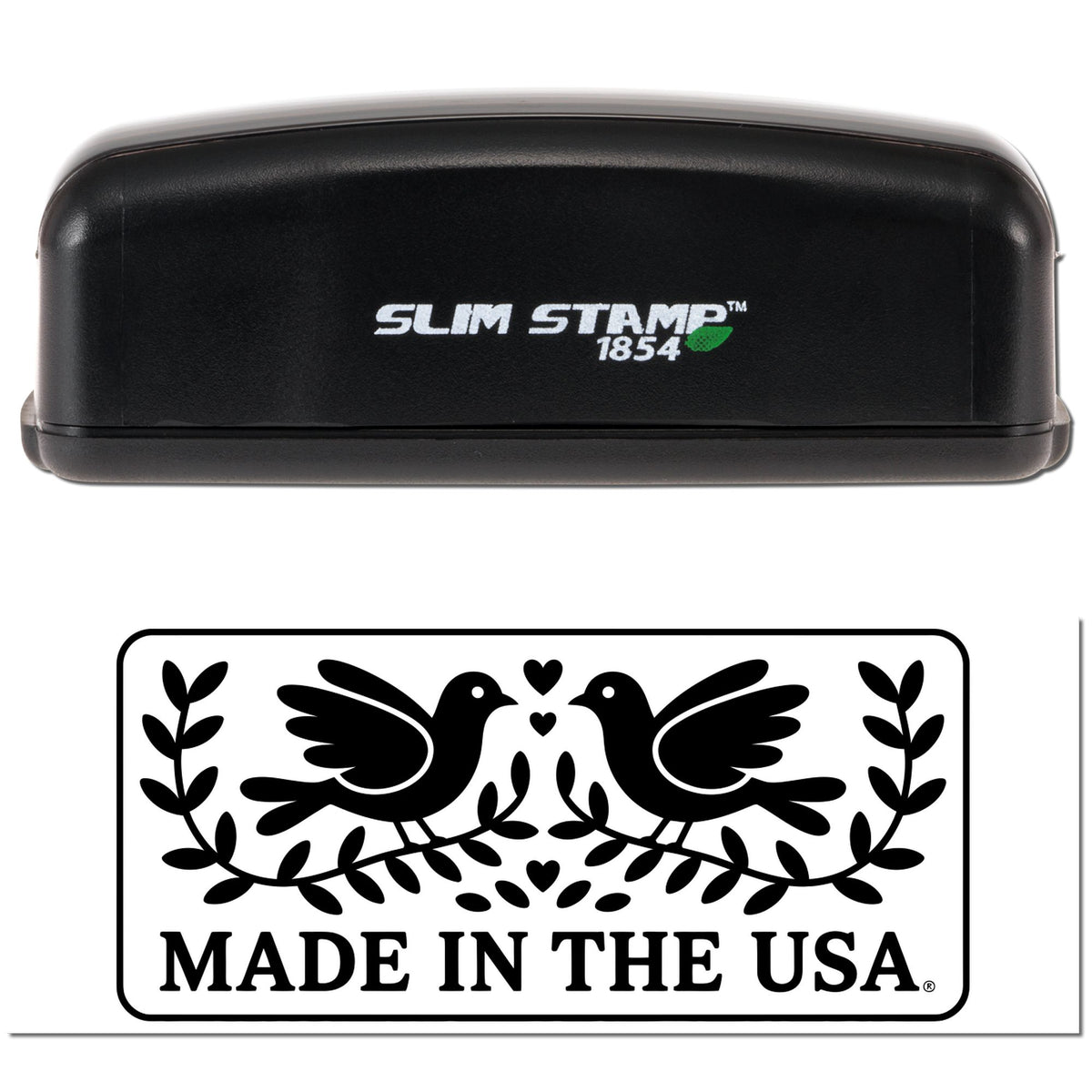 Slim Stamp 1854 rubber stamp with Made in the USA bird design for patriotic product branding and packaging.