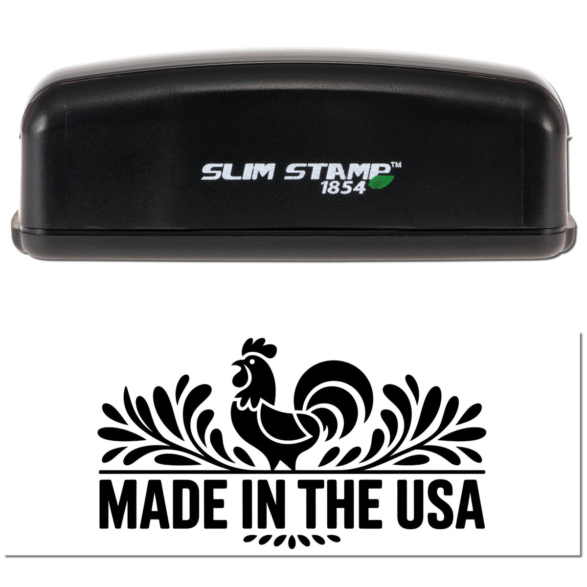 Slim Stamp 1854 self-inking rubber stamp with Made in the USA rooster design for patriotic product marking and packaging.