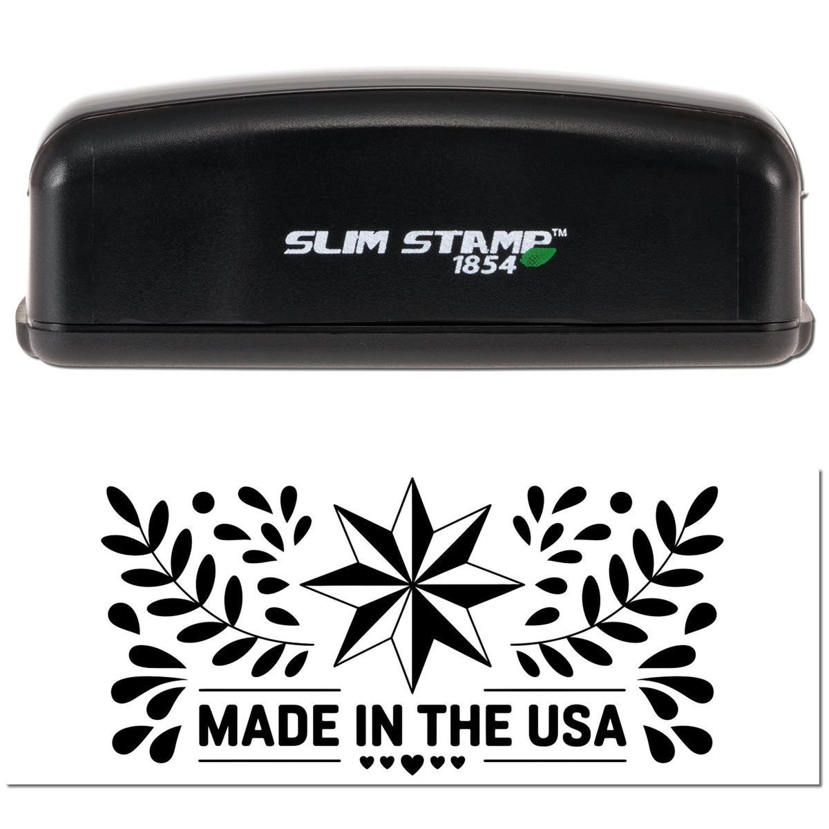 Slim Stamp 1854 self-inking rubber stamp with Made in the USA design for custom product branding.