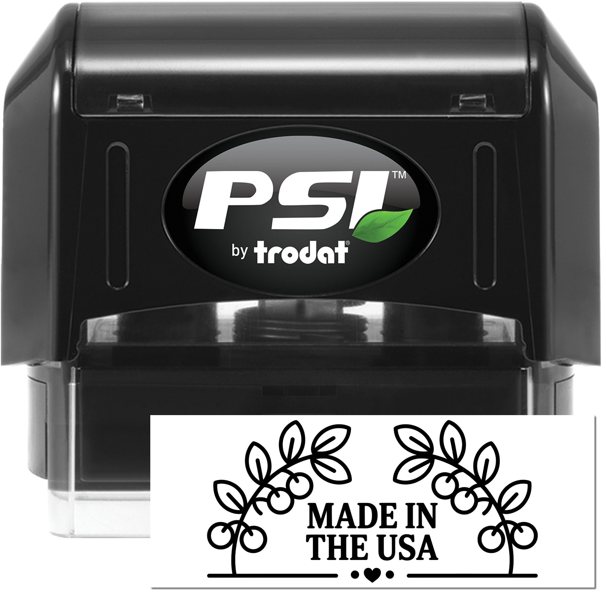 PSI by Trodat self-inking rubber stamp with custom Made in the USA design for product branding and packaging.