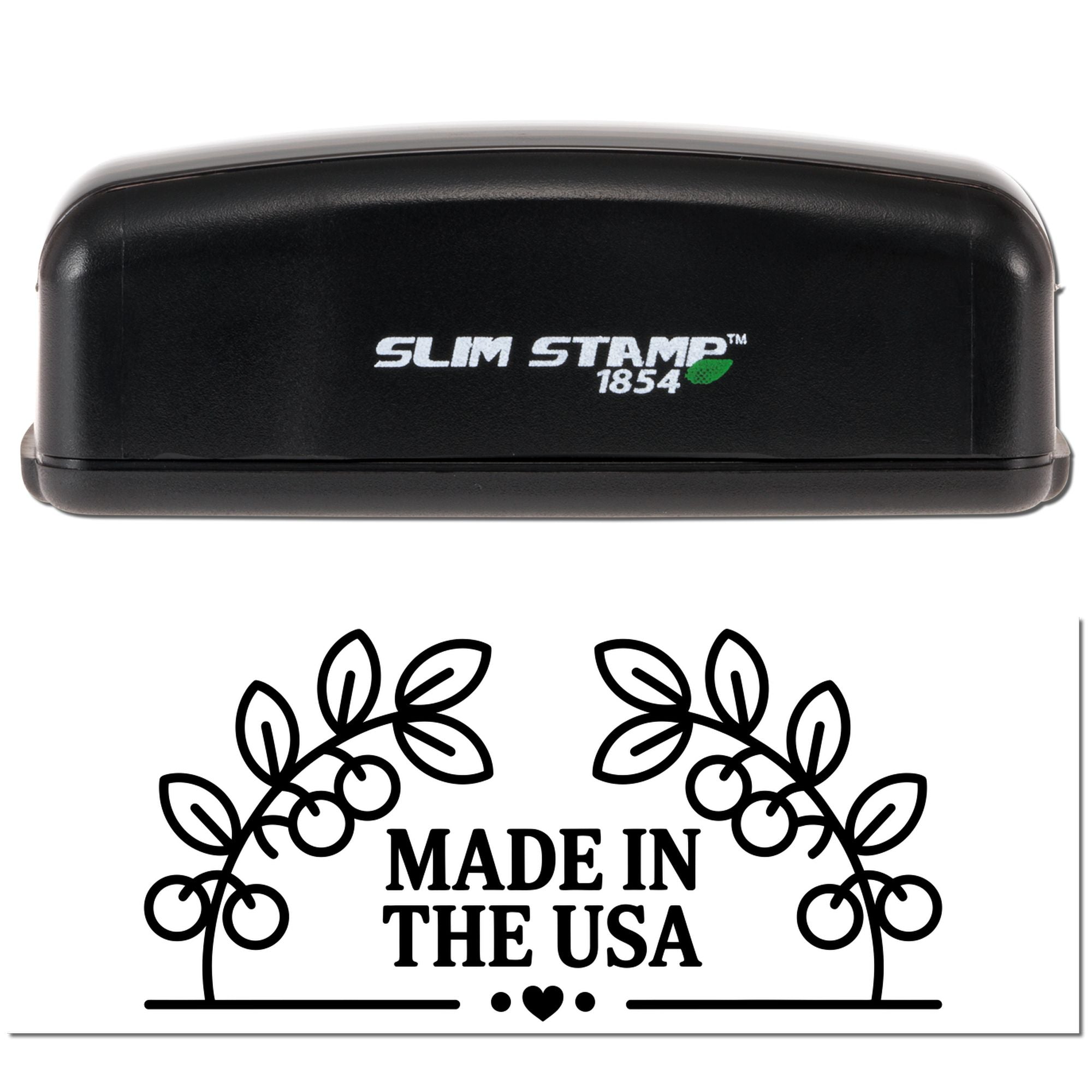 Slim Stamp 1854 rubber stamp with Made in the USA floral imprint for custom product packaging and branding.