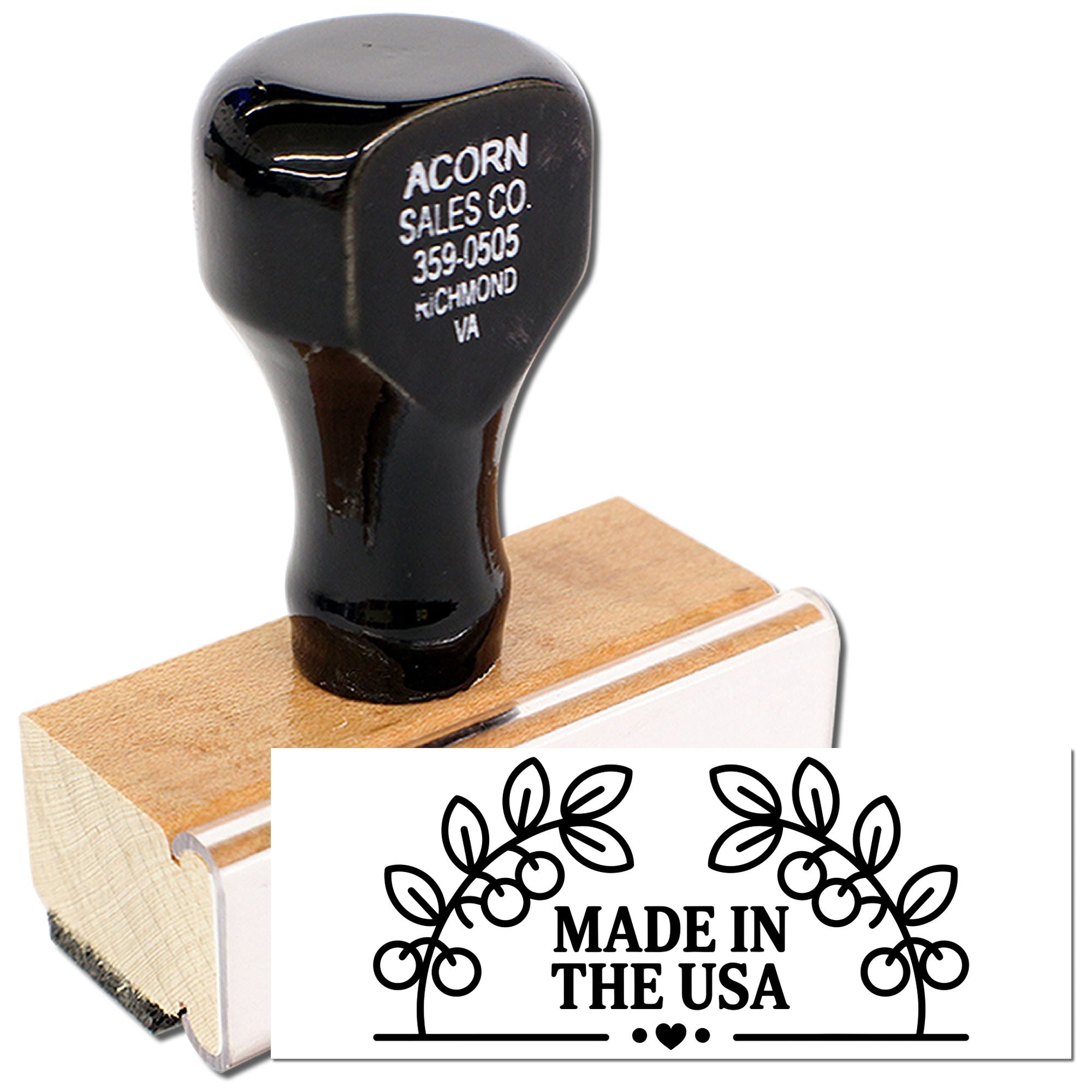 Custom wooden rubber stamp with business address and Made in the USA design for branding products and packaging.