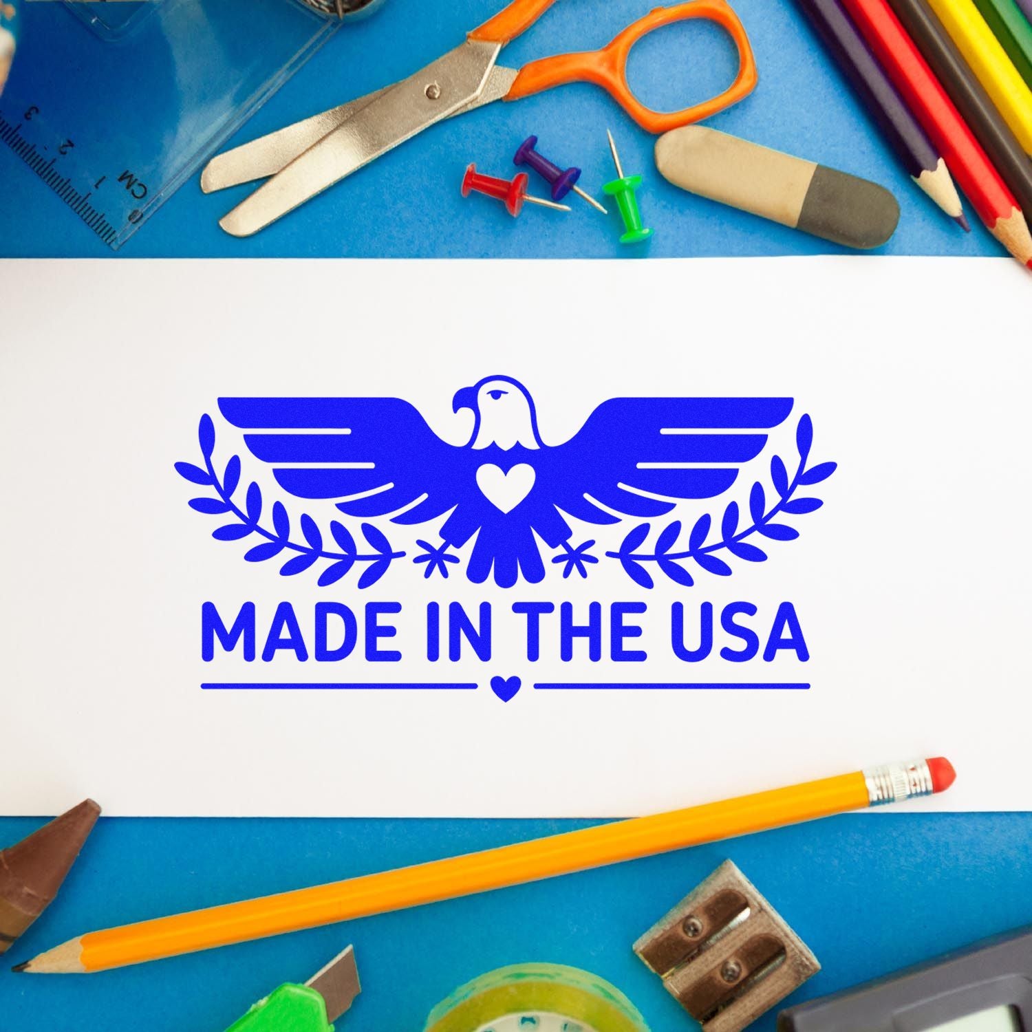 Made in the USA rubber stamp impression with eagle emblem, ideal for custom packaging, crafts, and patriotic branding.
