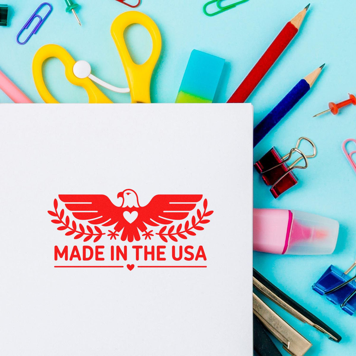 Made in the USA eagle rubber stamp design for patriotic branding, custom packaging, and handmade business labels.