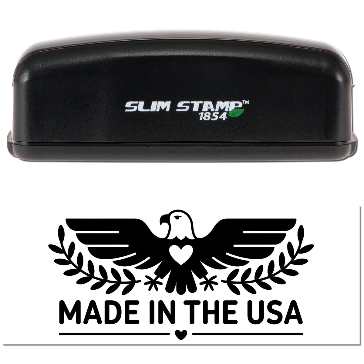 Slim Stamp 1854 custom rubber stamp with Made in the USA eagle logo for product packaging and branding.