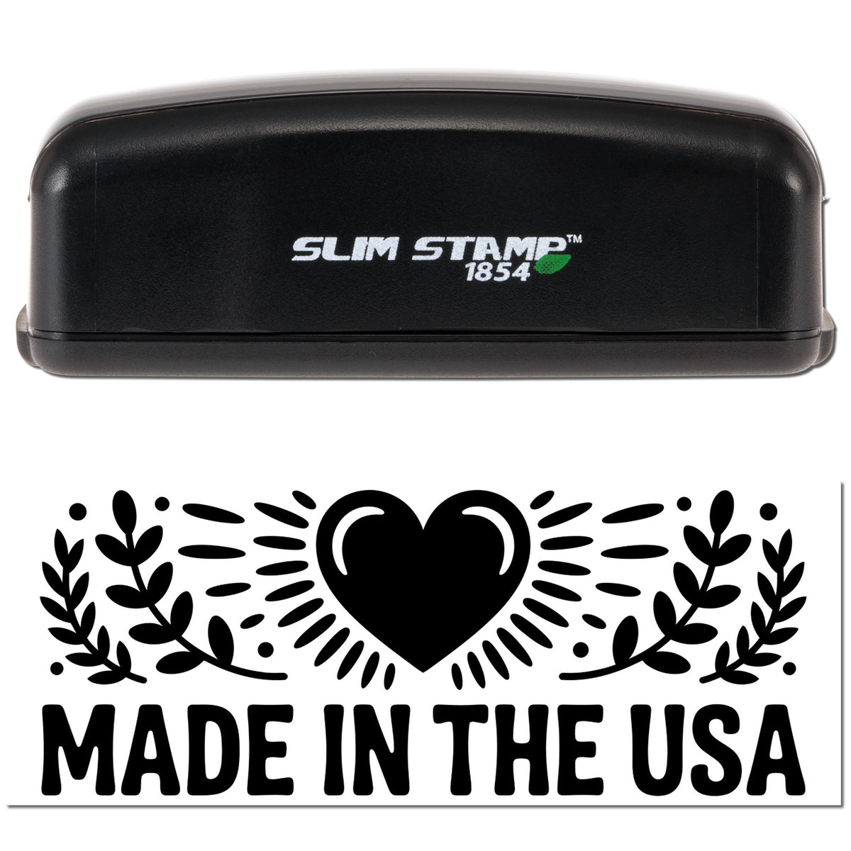 Slim Stamp 1854 self-inking rubber stamp with Made in the USA heart and leaf design imprint