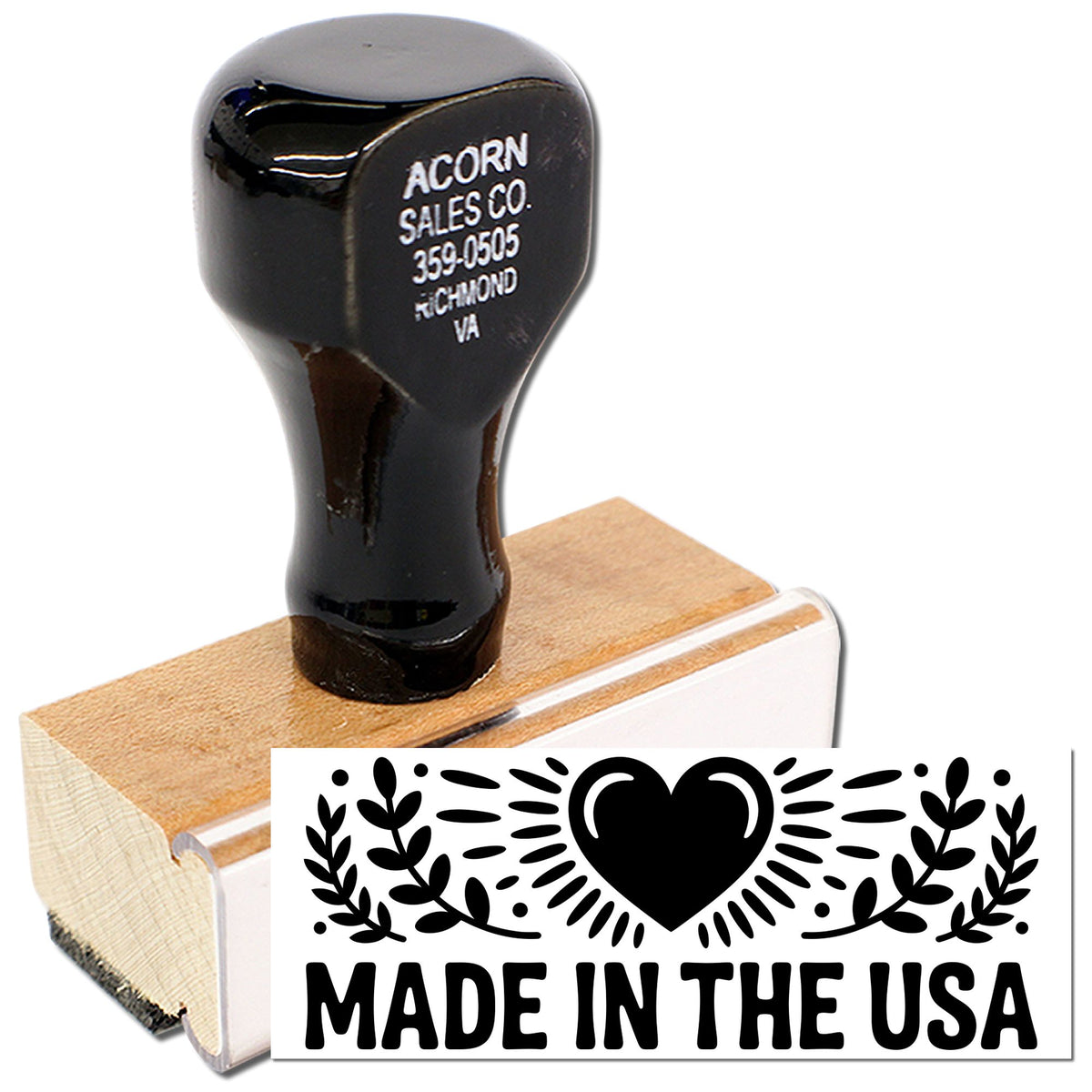 Custom Made in the USA rubber stamp with patriotic heart design for product packaging, branding, and origin labeling.