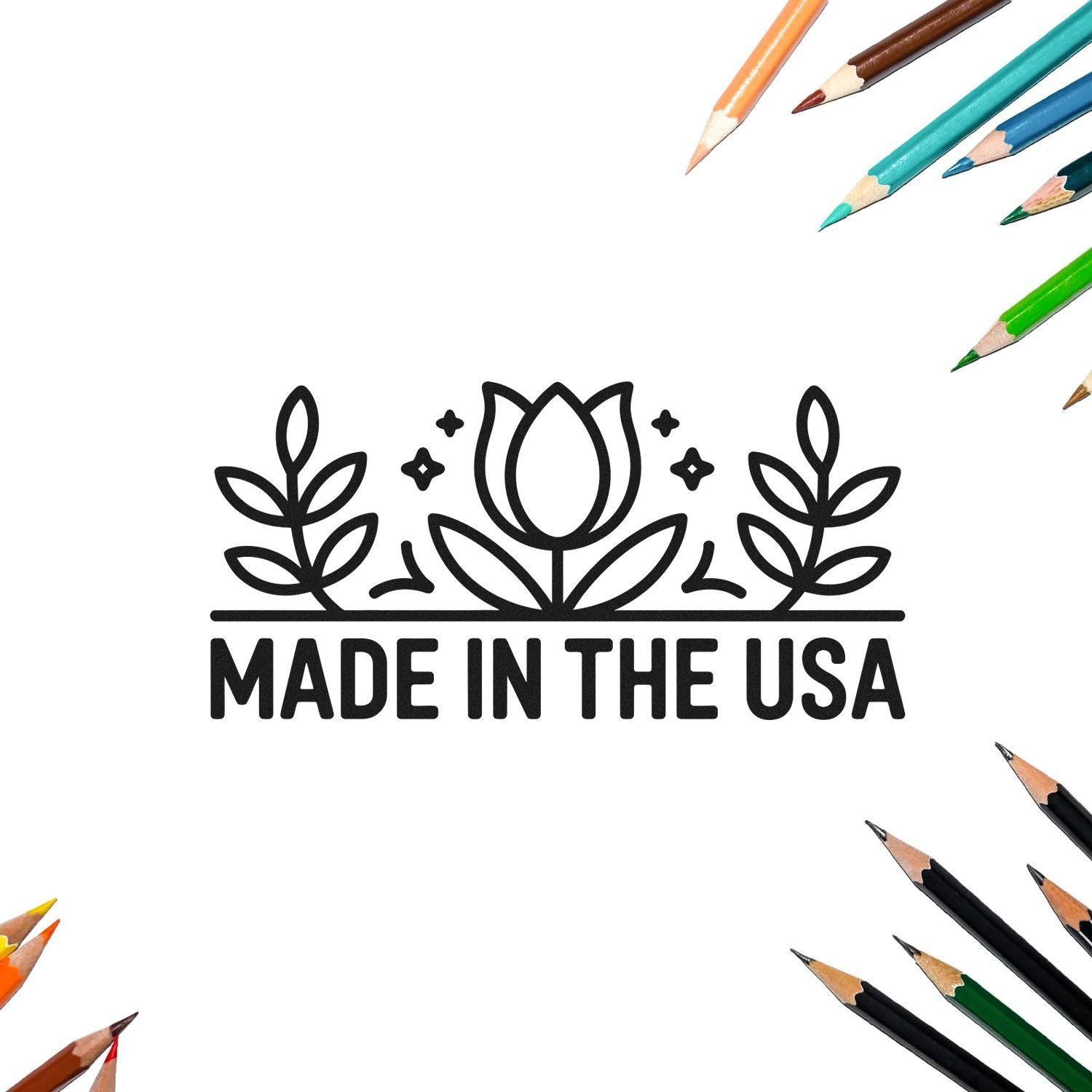 Made in the USA rubber stamp with floral emblem, perfect for handmade product packaging and patriotic branding.