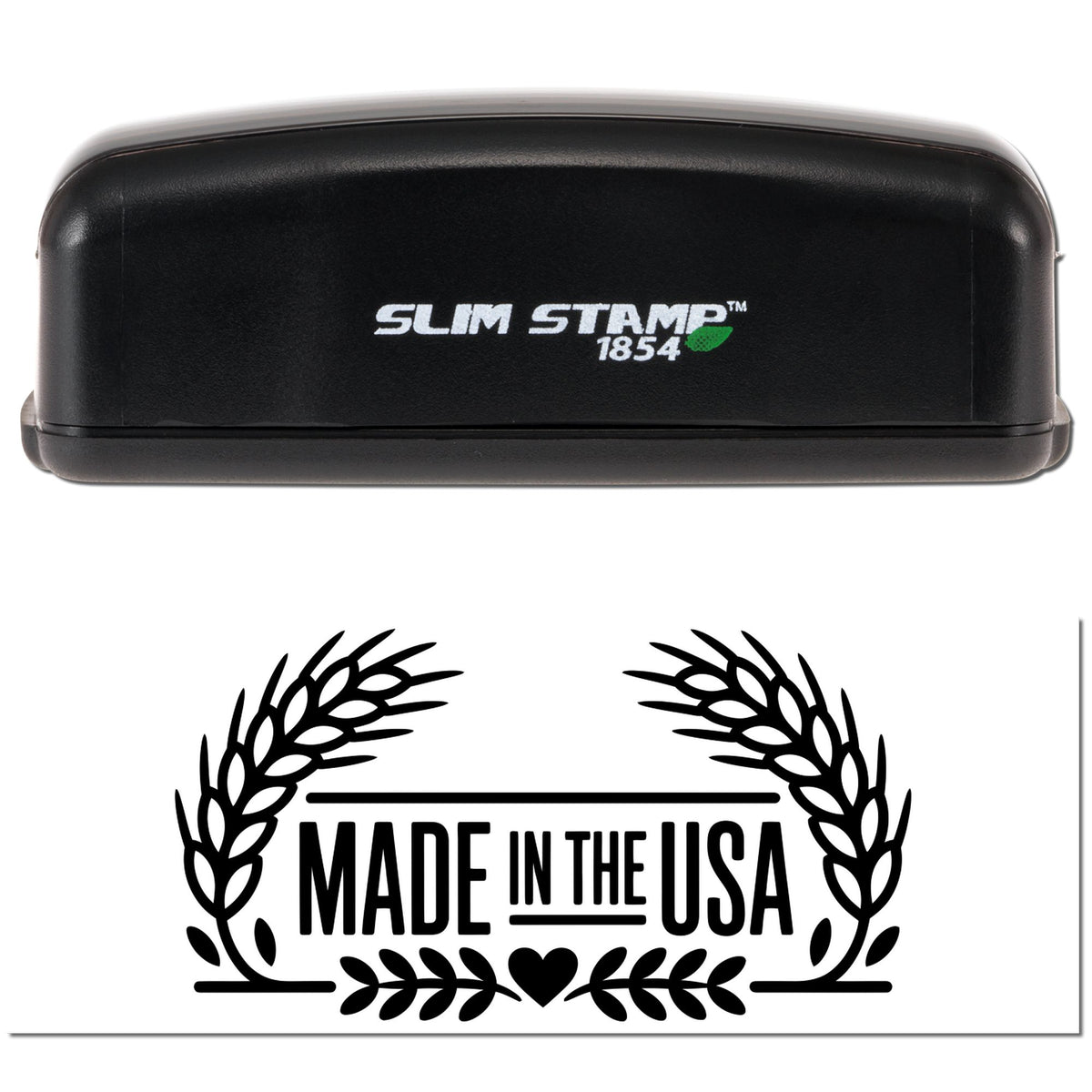 Slim Stamp 1854 self-inking rubber stamp with Made in the USA wheat wreath design