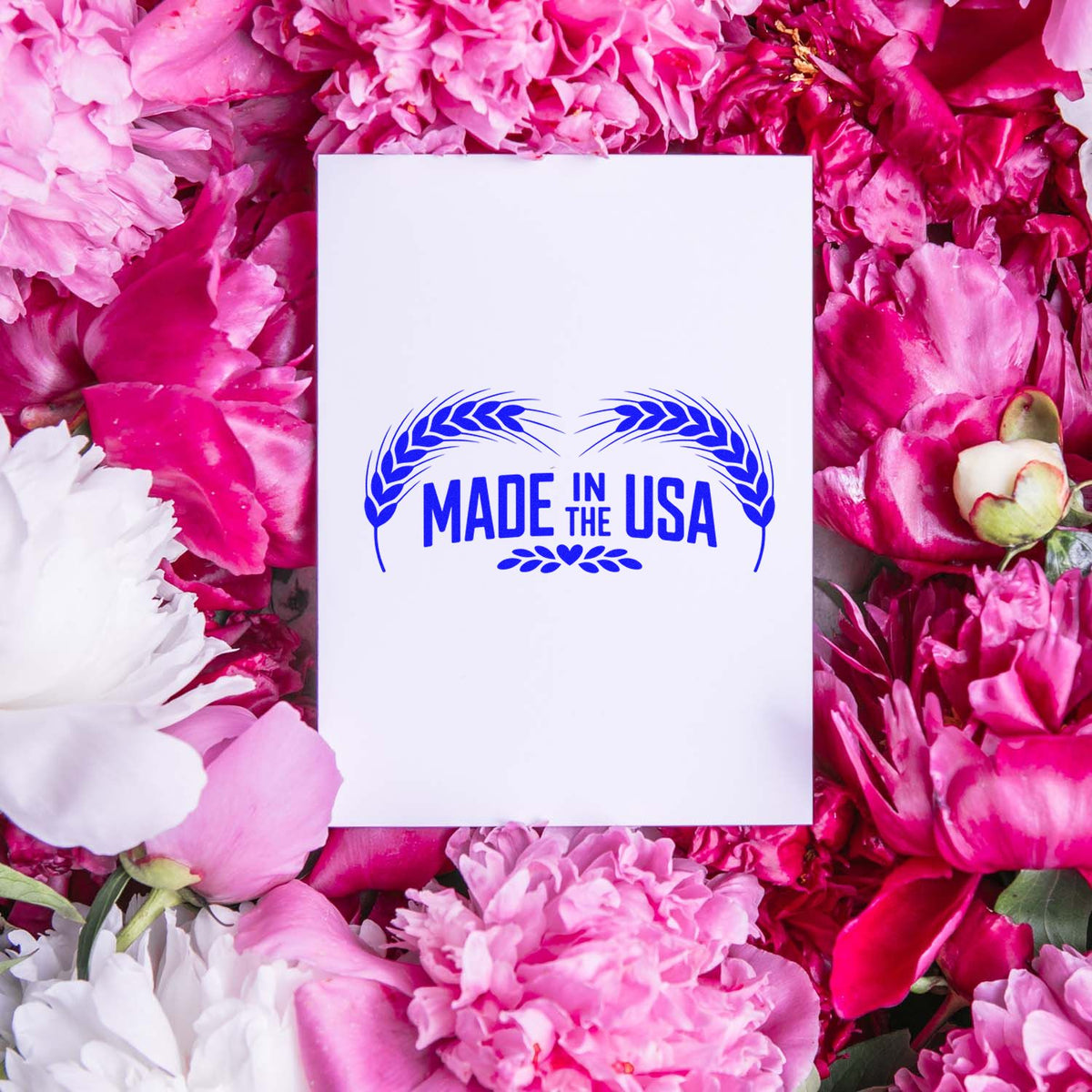 Made in the USA rubber stamp design on floral background for patriotic packaging and crafts