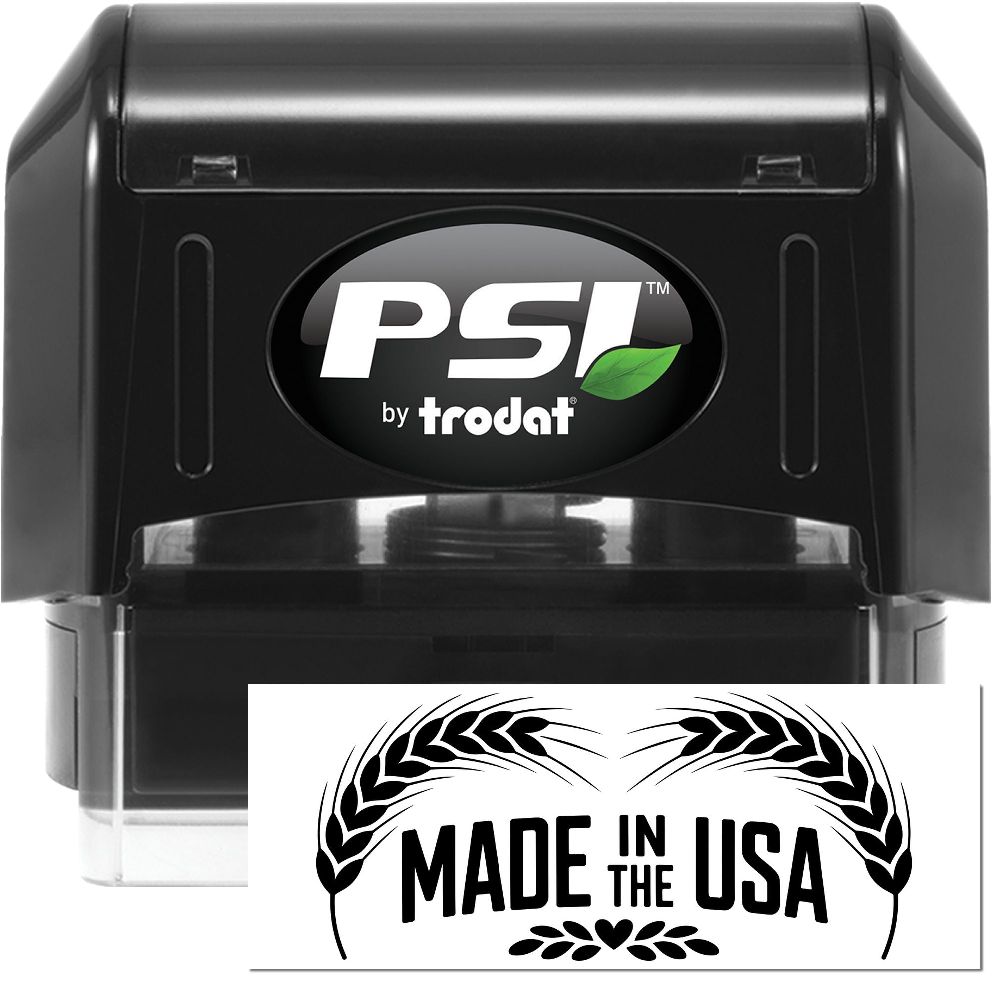 Custom self-inking rubber stamp by PSI Trodat with Made in the USA design for product branding and packaging.
