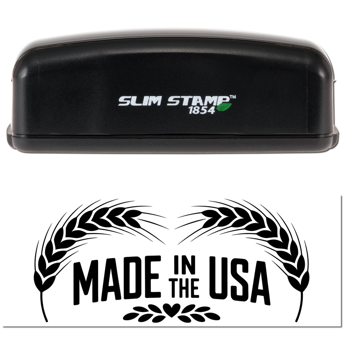 Slim Stamp 1854 self-inking rubber stamp with Made in the USA imprint for packaging, branding, and labeling.