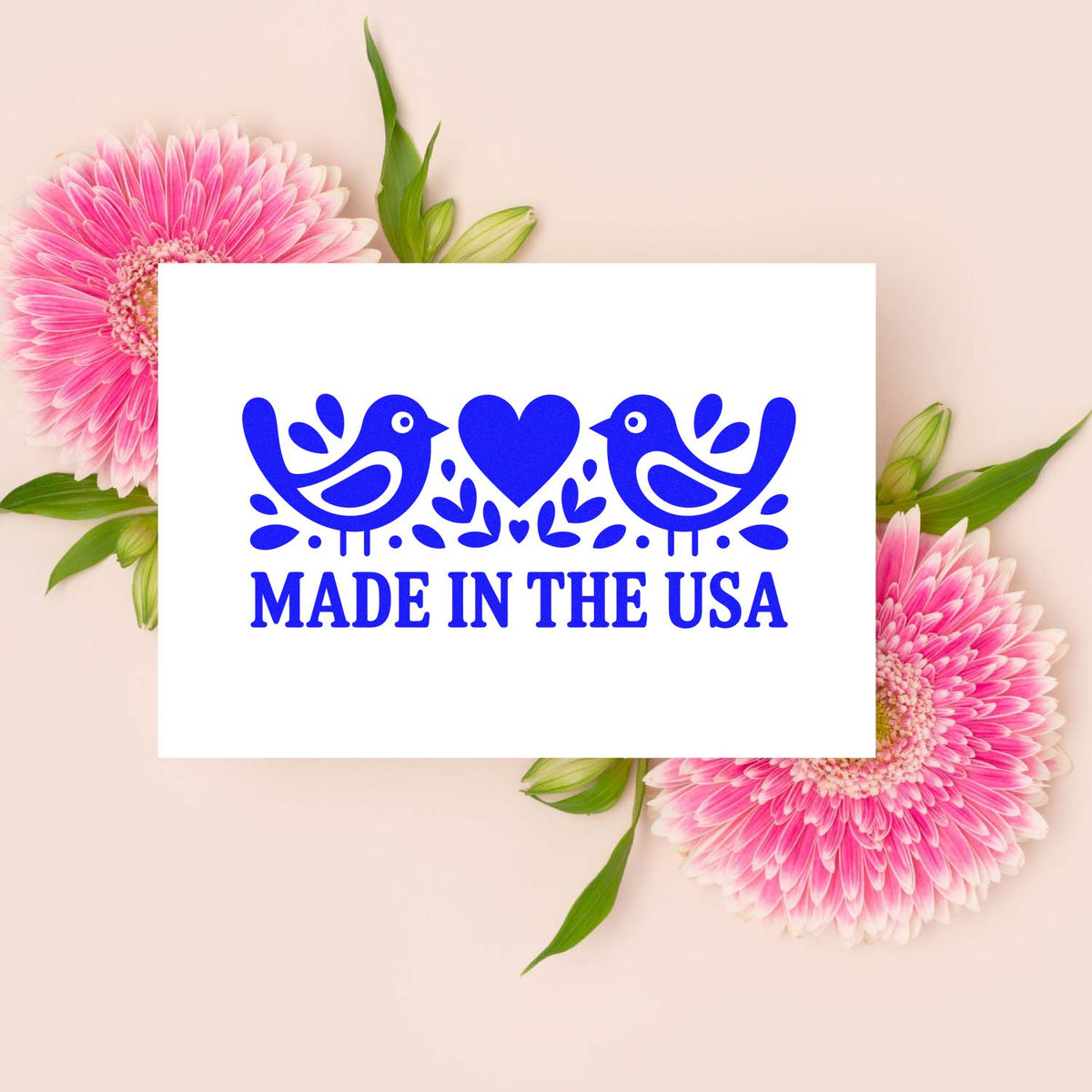 Made in the USA rubber stamp design with birds and heart, ideal for handmade product branding and packaging.