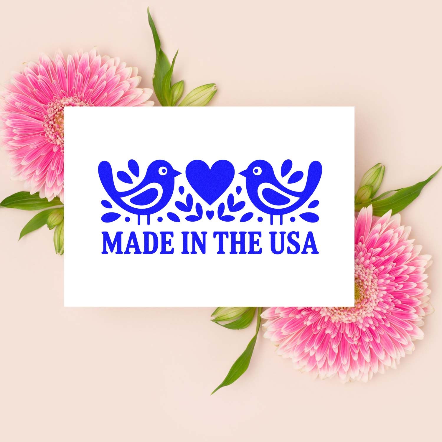 Made in the USA rubber stamp design with birds and heart, perfect for patriotic branding, packaging, and crafts.