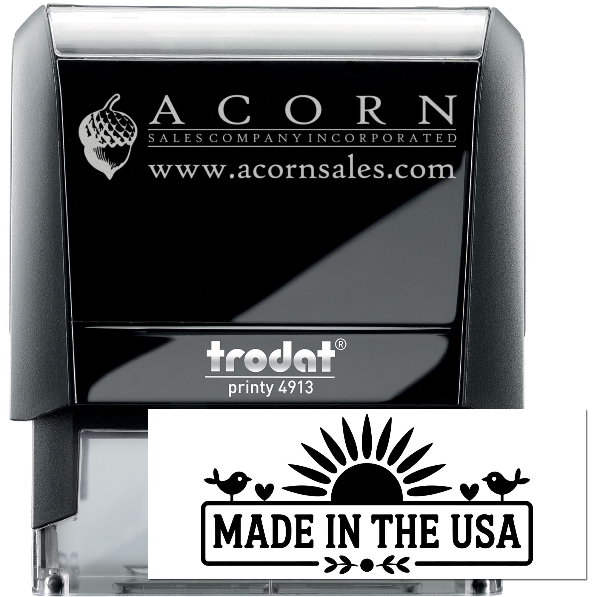 Custom self-inking rubber stamp for business branding, Trodat Printy 4913, with Acorn Sales Company logo and Made in the USA design.