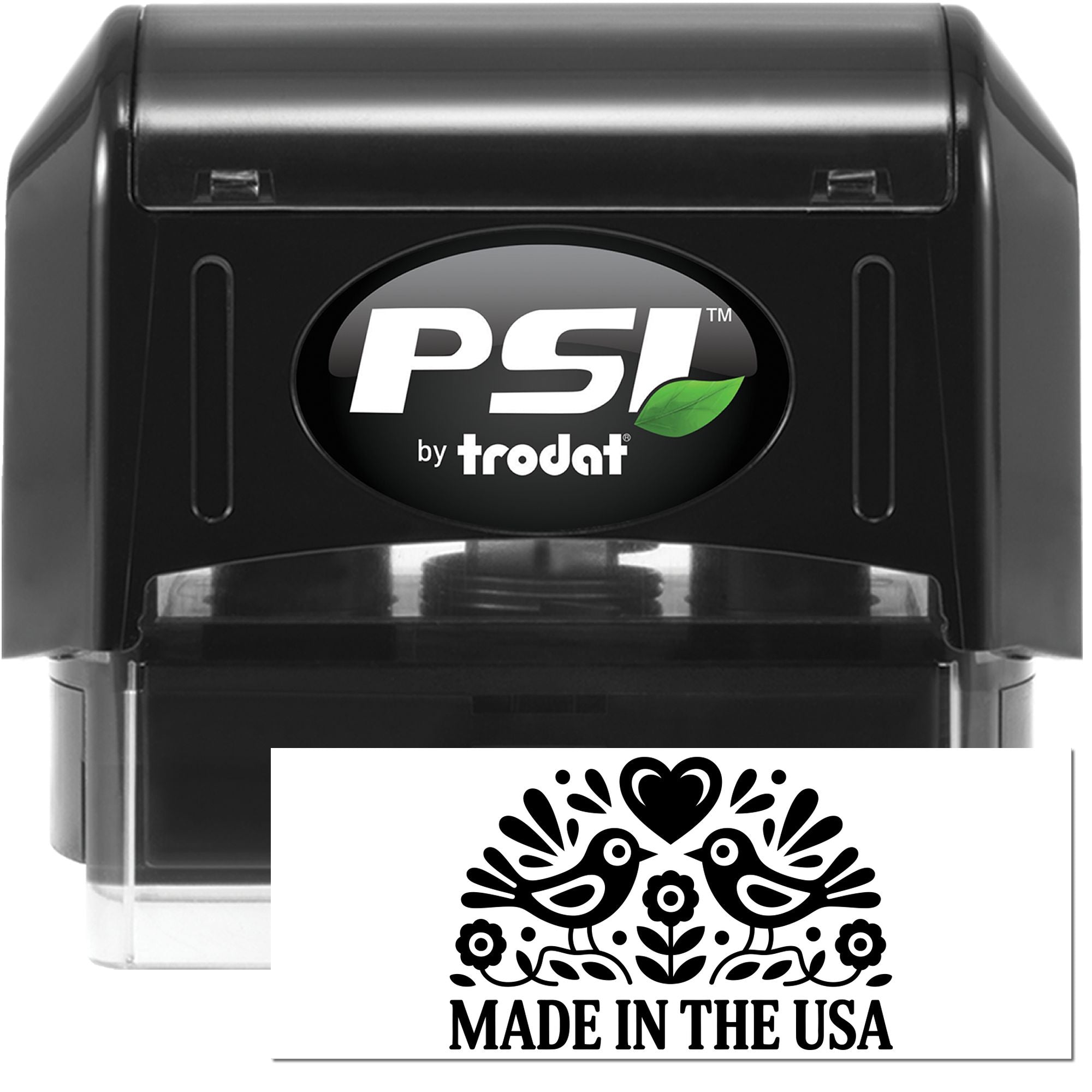 PSI by Trodat self-inking rubber stamp with Made in the USA design, ideal for branding products and packaging.