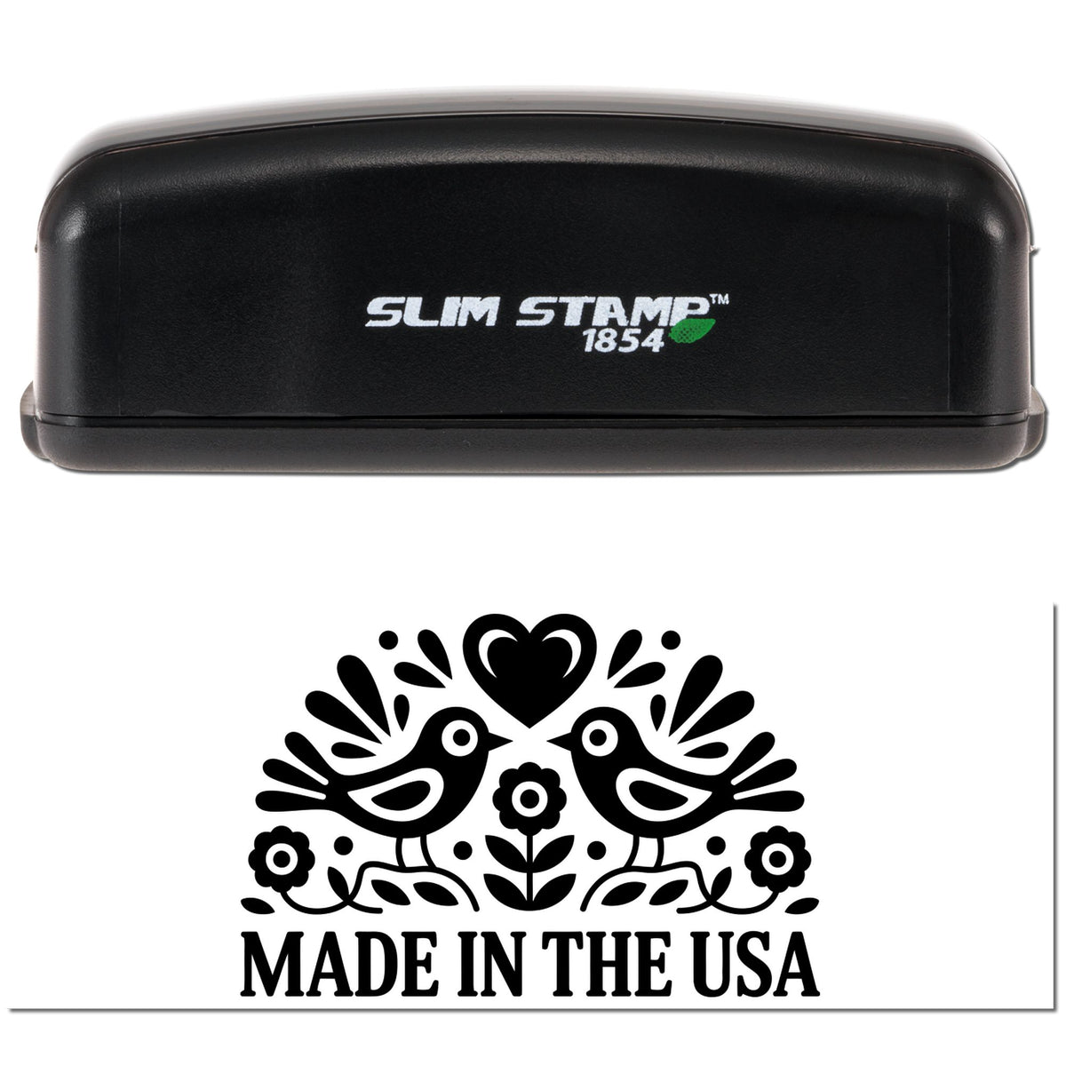 Slim Stamp 1854 custom rubber stamp with Made in the USA bird and floral design