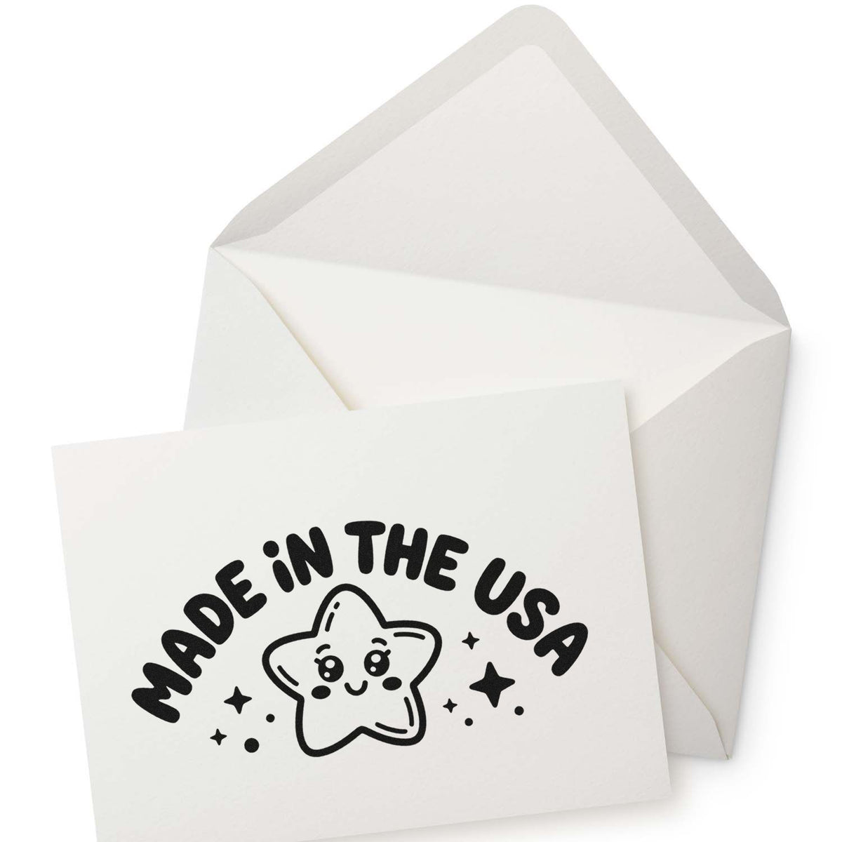 Made in the USA rubber stamp on envelope card with cute star icon, ideal for packaging, crafts, and small business branding.