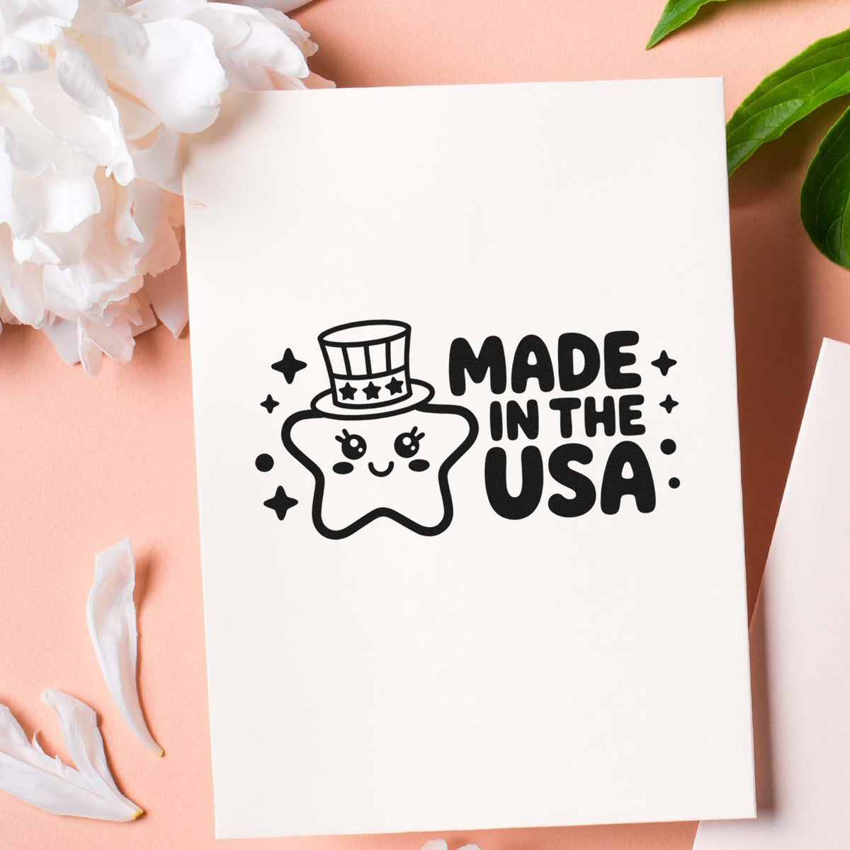 Made in the USA rubber stamp design with cute star character and top hat on a greeting card mockup