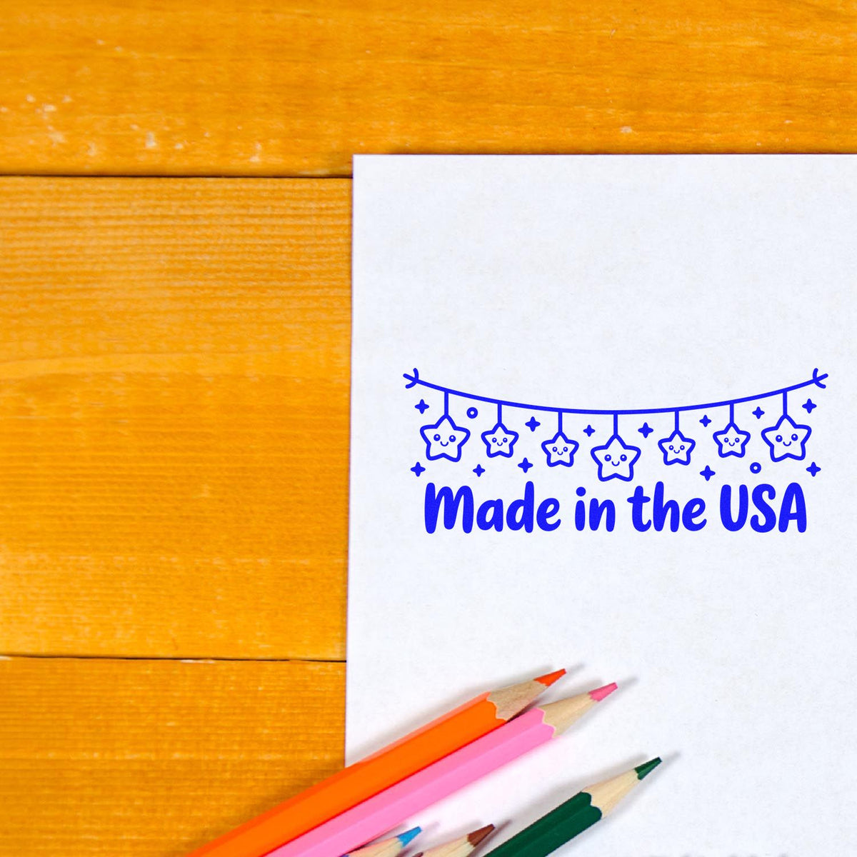 Made in the USA rubber stamp on white paper with colored pencils, perfect for handmade packaging, crafts, and branding.