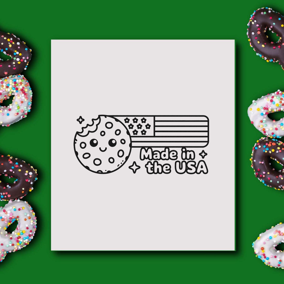 Made in the USA rubber stamp design with a donut cookie and American flag for patriotic baking and craft projects.