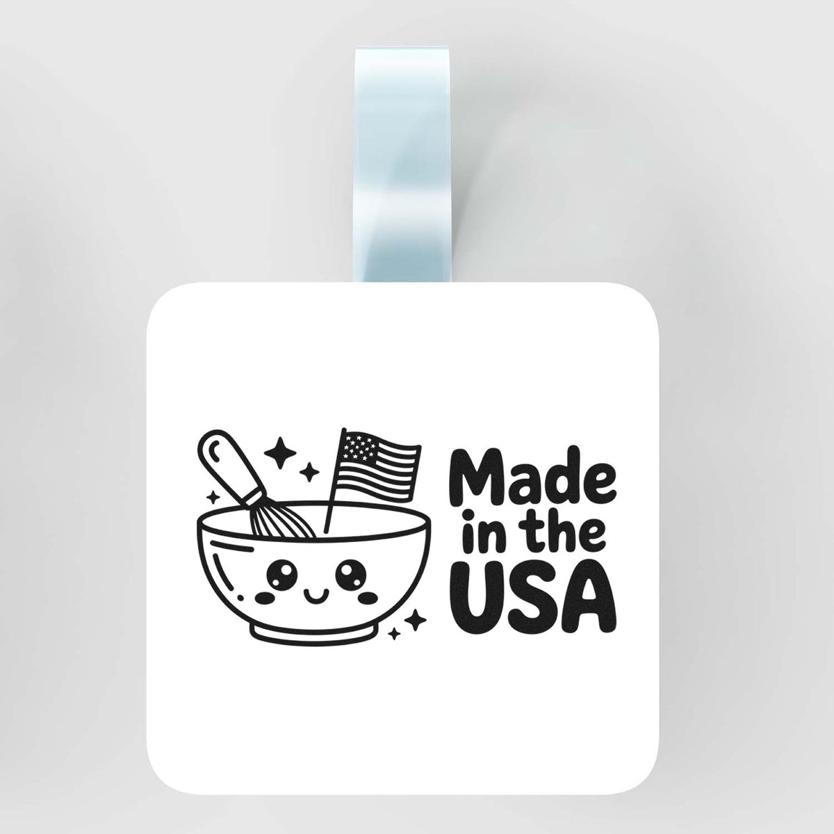 Made in the USA rubber stamp with patriotic bowl and whisk design for handmade product packaging and crafts.