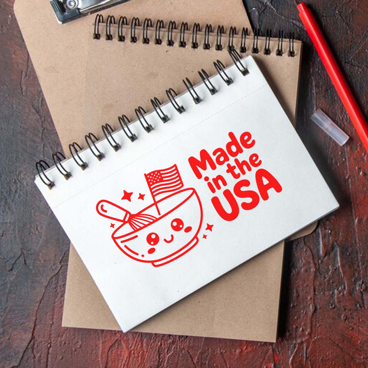 Custom Made in USA rubber stamp design with patriotic bowl graphic on a spiral notebook.