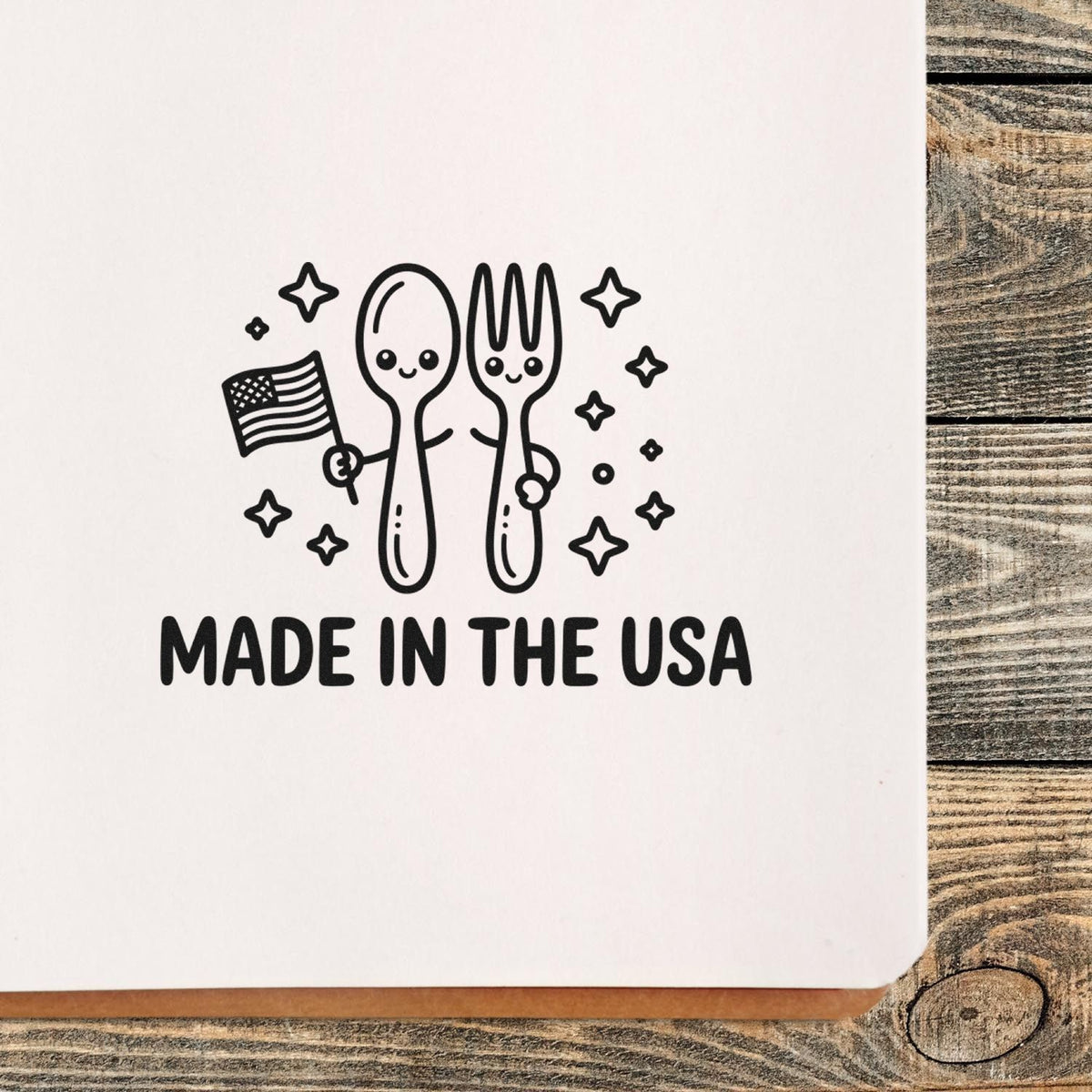 Made in the USA rubber stamp with smiling spoon and fork holding an American flag, ideal for patriotic kitchen branding.