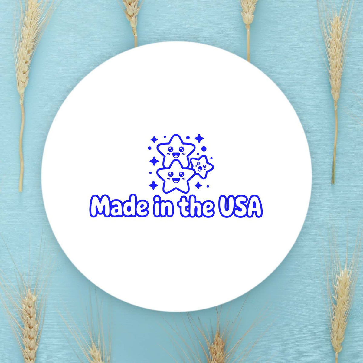 Made in USA rubber stamp design with cute star graphic, perfect for product packaging, labels, and patriotic branding.