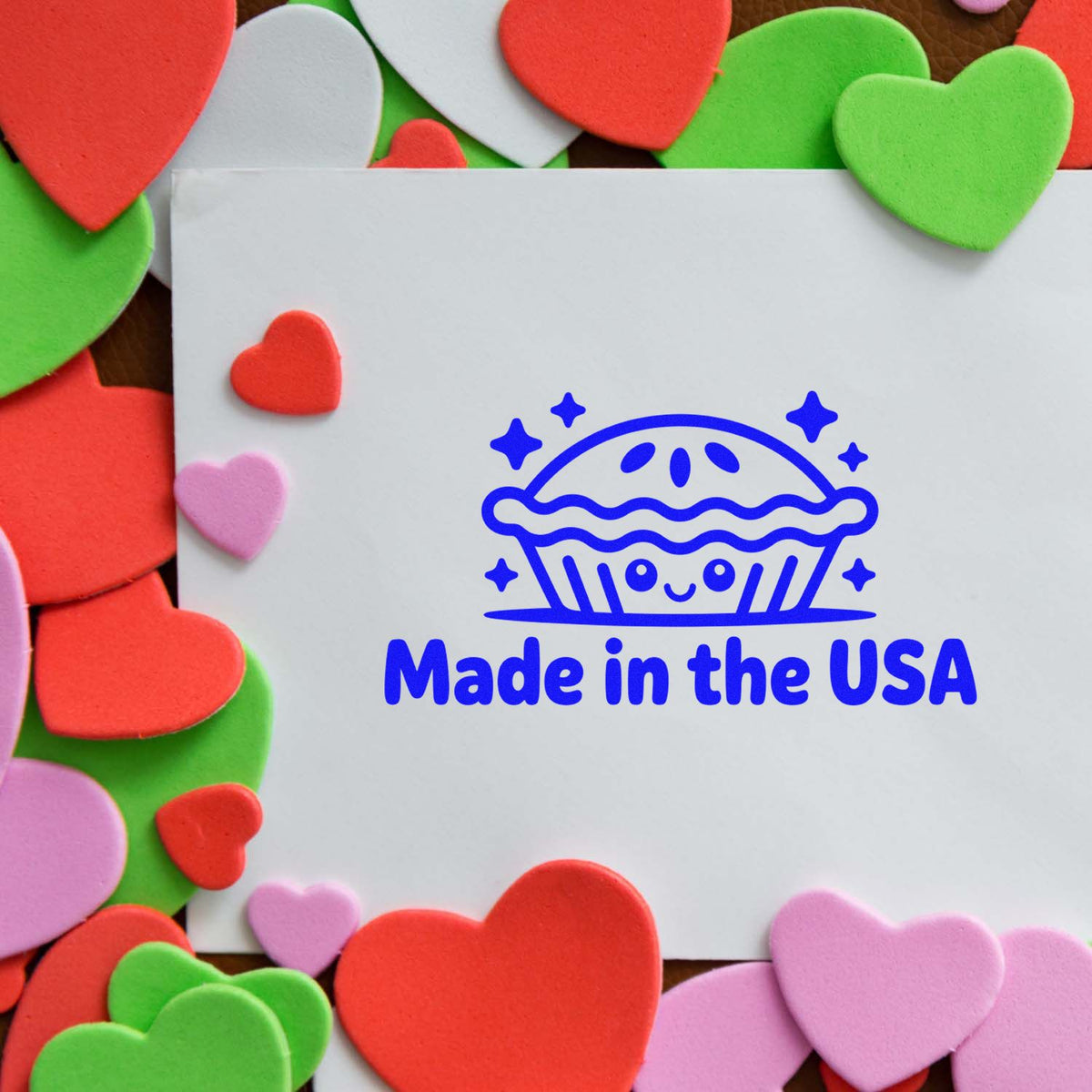Made in the USA rubber stamp design with cute pie icon, ideal for patriotic handmade packaging and craft branding.