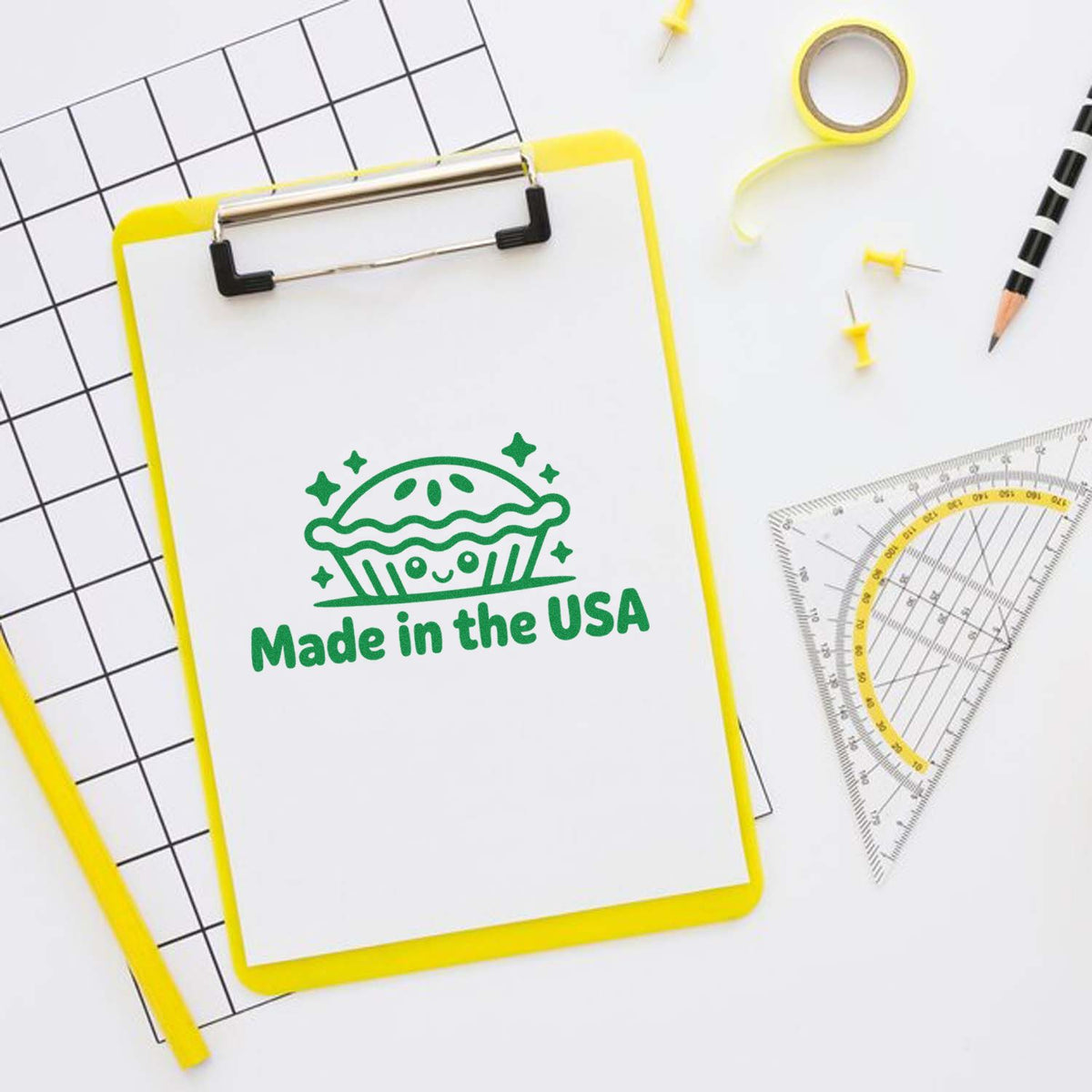 Made in the USA rubber stamp on clipboard mockup, ideal for branding custom American-made products and packaging.