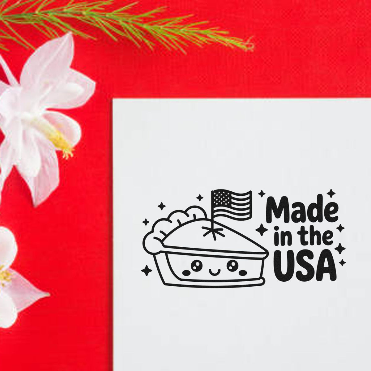 Made in the USA rubber stamp design with cute pie and American flag for patriotic handmade product labeling.