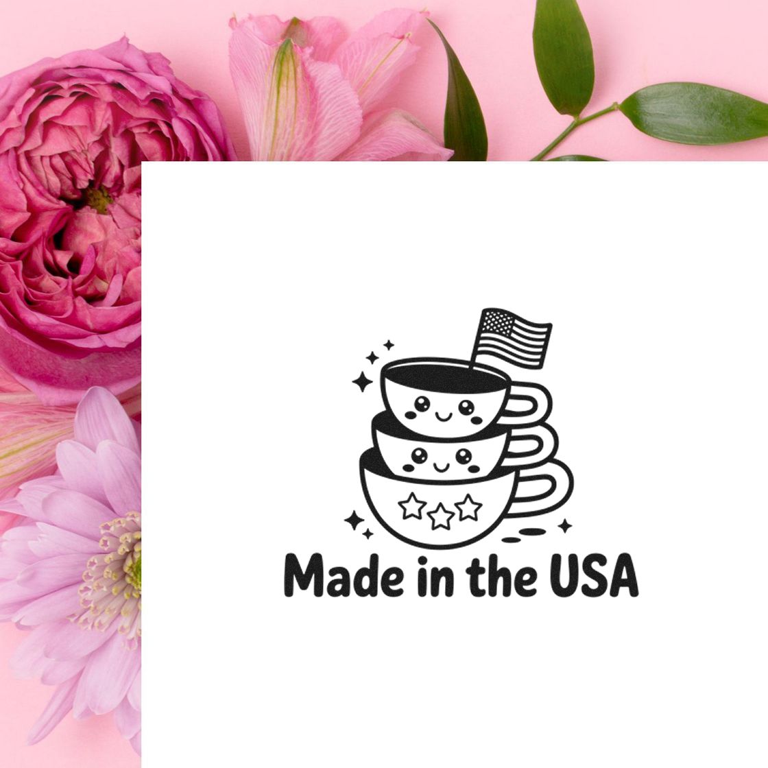 Made in the USA rubber stamp design featuring cute stacked teacups and an American flag for patriotic handmade crafts.