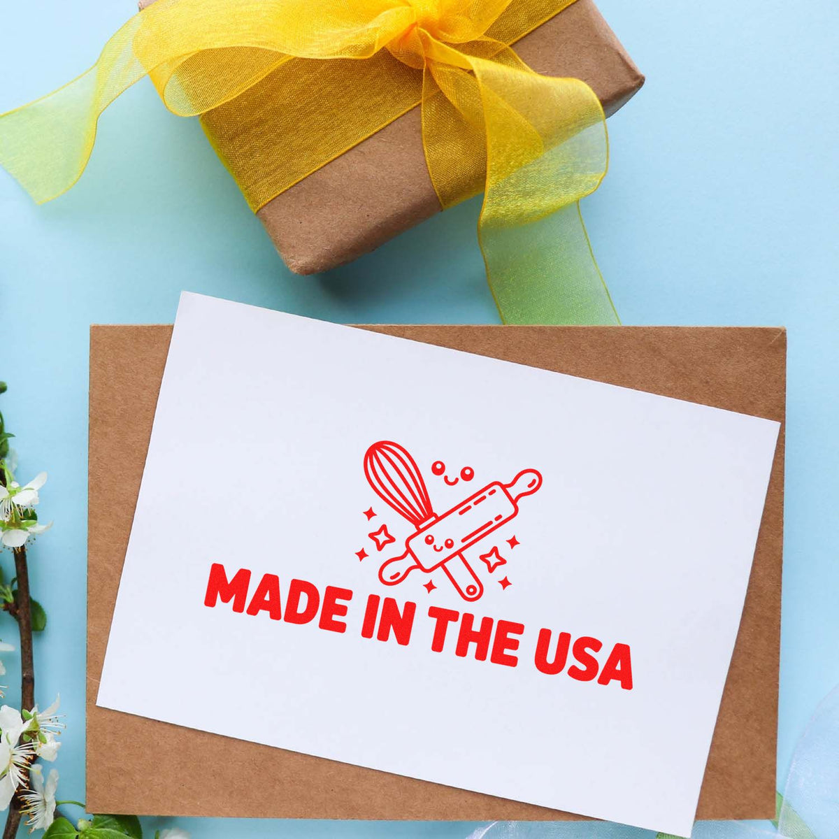 Made in the USA rubber stamp design on a gift package card, ideal for custom branding and handmade product packaging.