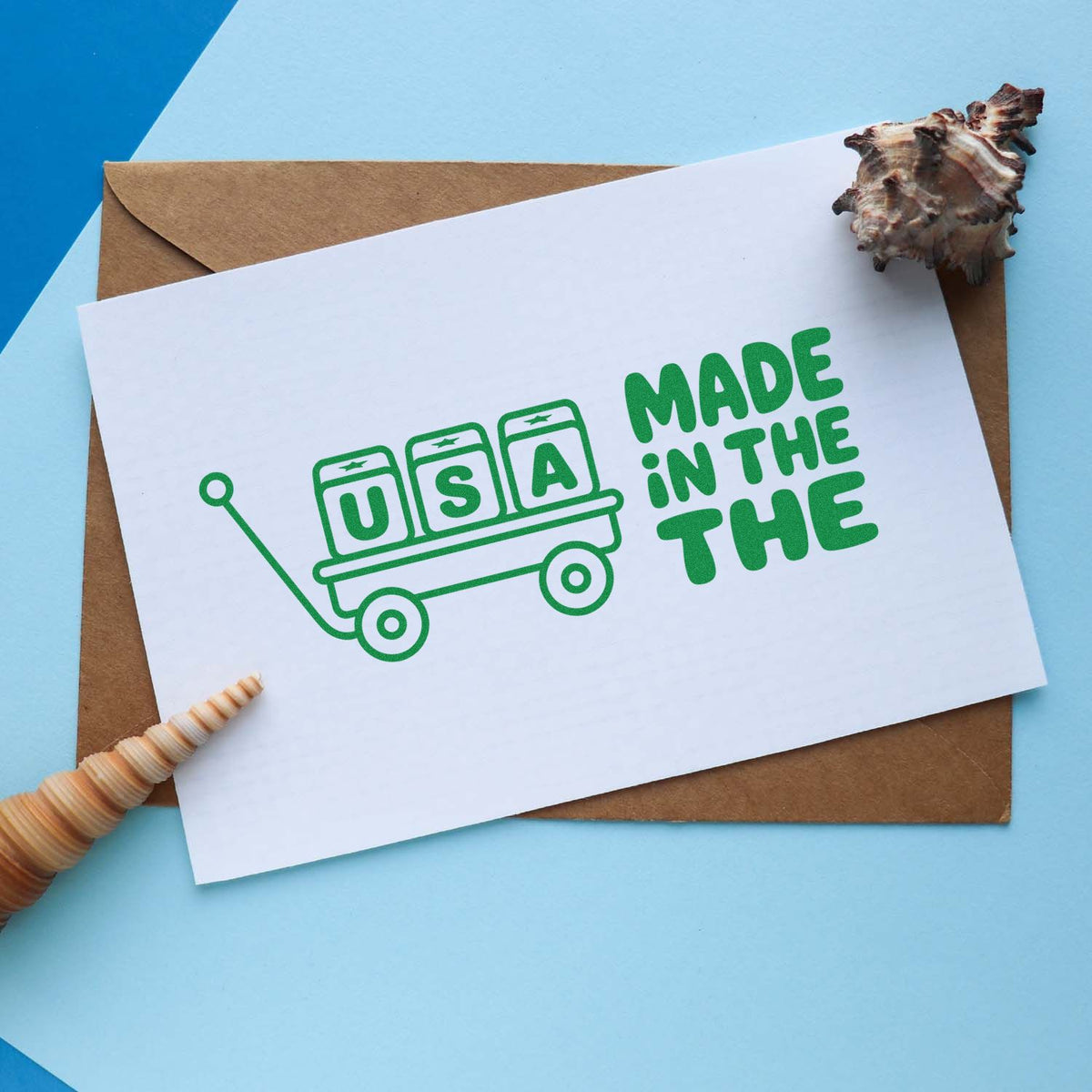 Made in the USA rubber stamp design on a stationery card, ideal for custom branding, packaging, and handmade product labeling.