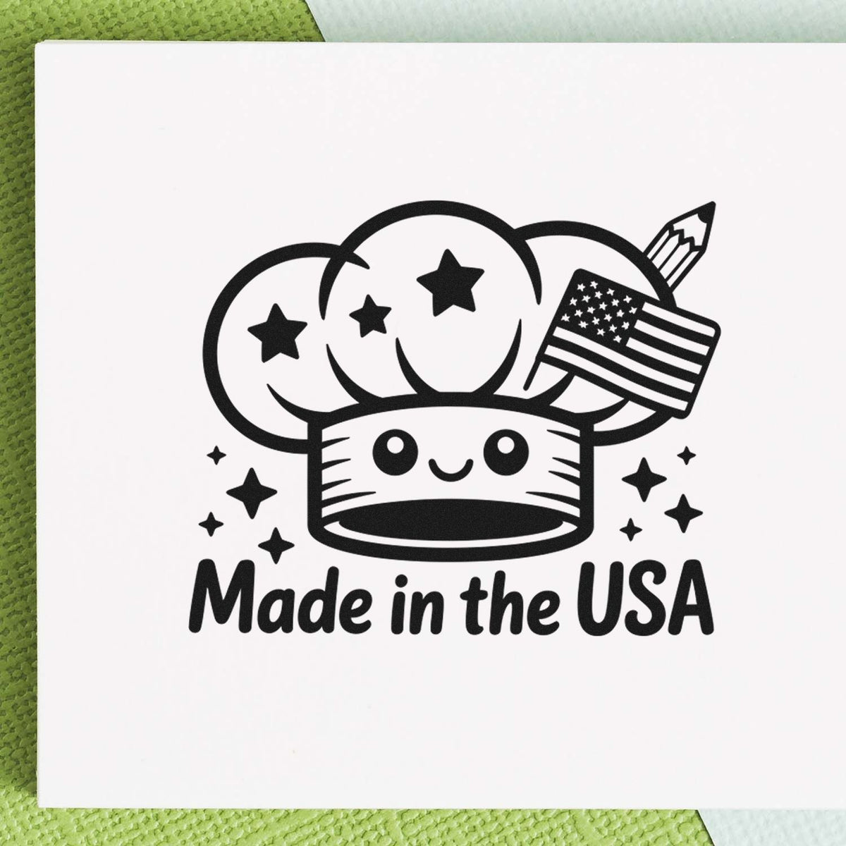 Made in USA rubber stamp design with stars, pencil and American flag for patriotic packaging and product branding.