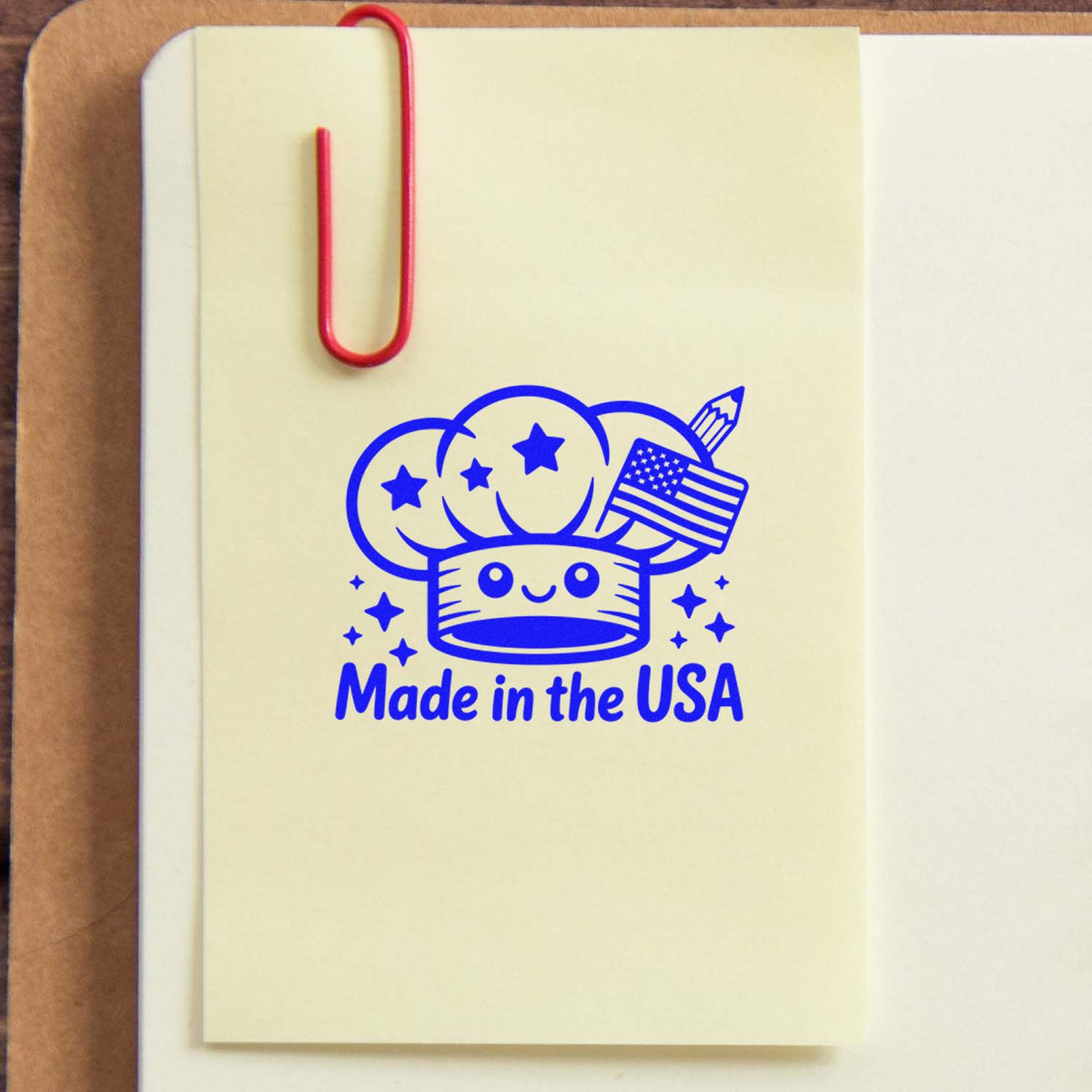 Made in the USA rubber stamp on notebook page, featuring stars, pencil, and American flag for patriotic branding.