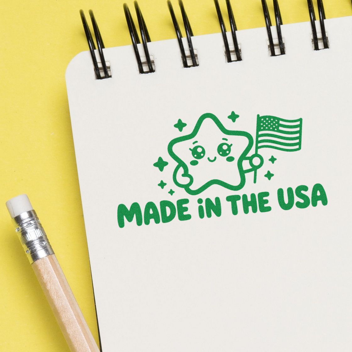 Made in the USA rubber stamp on notebook, ideal for patriotic custom product branding and packaging.