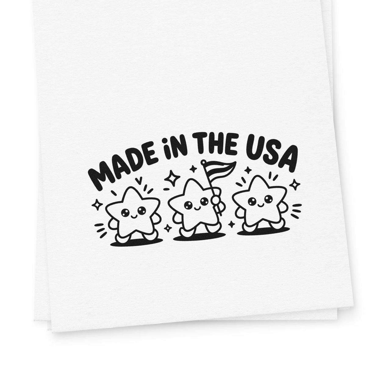Made in USA rubber stamp design with cute stars and flag, ideal for handmade products and packaging.